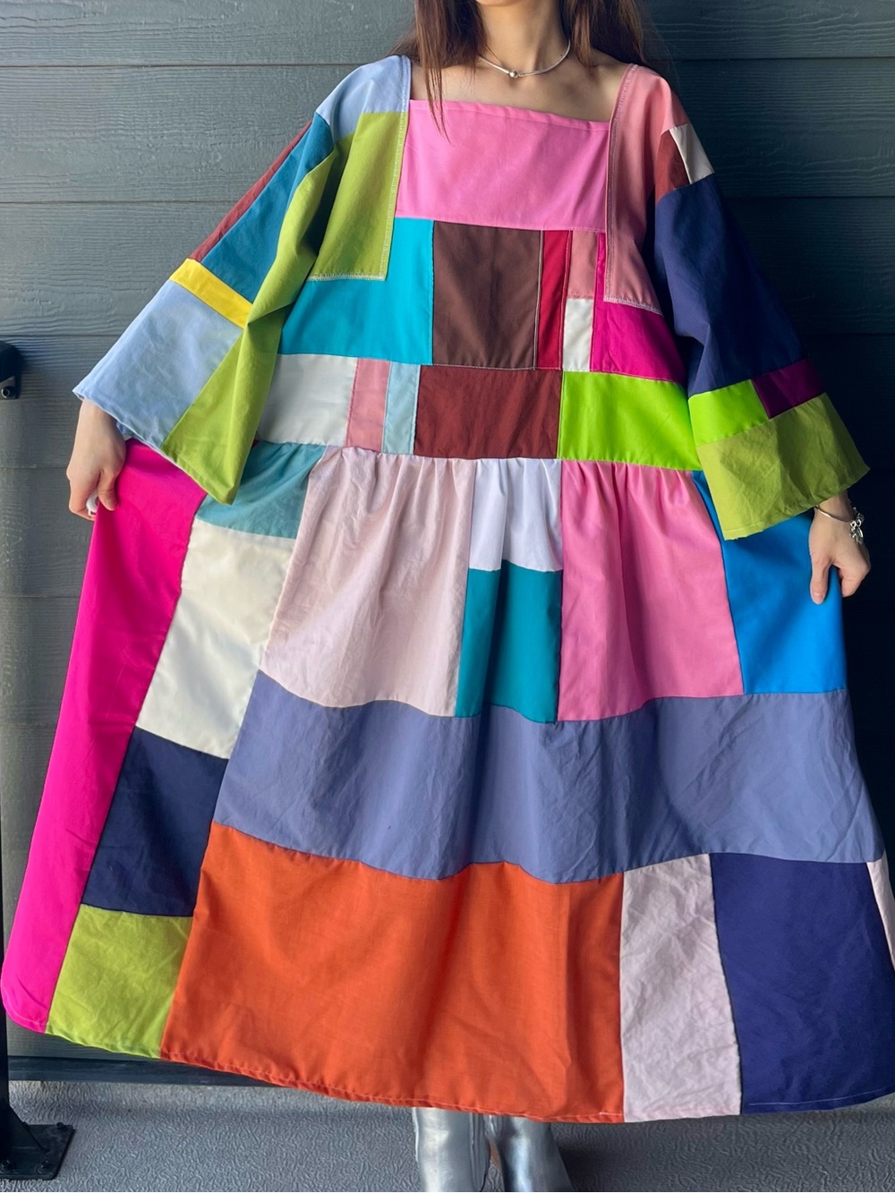 Handmade Quilted Patchwork Colorblock Dress SKU 05033 - Picture 2 of 16